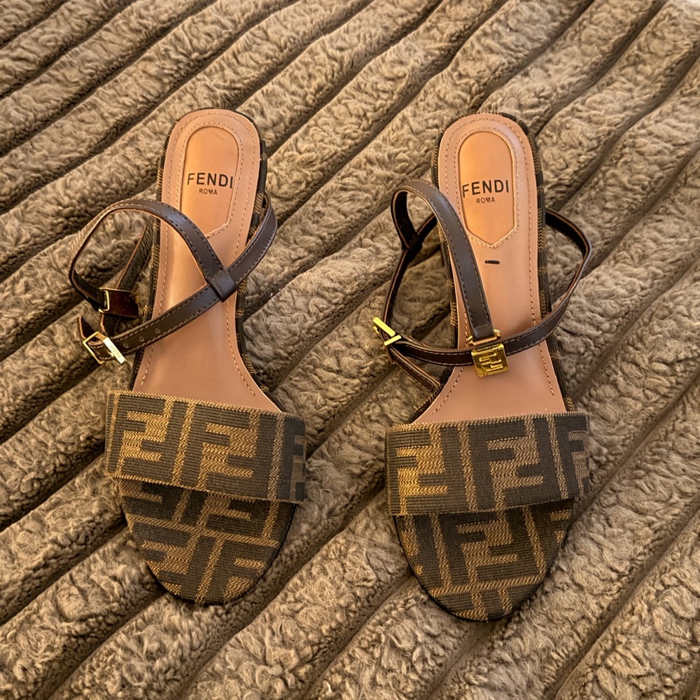Fendi Brown Monogram Open-Toe Sandals with Gold Buckle